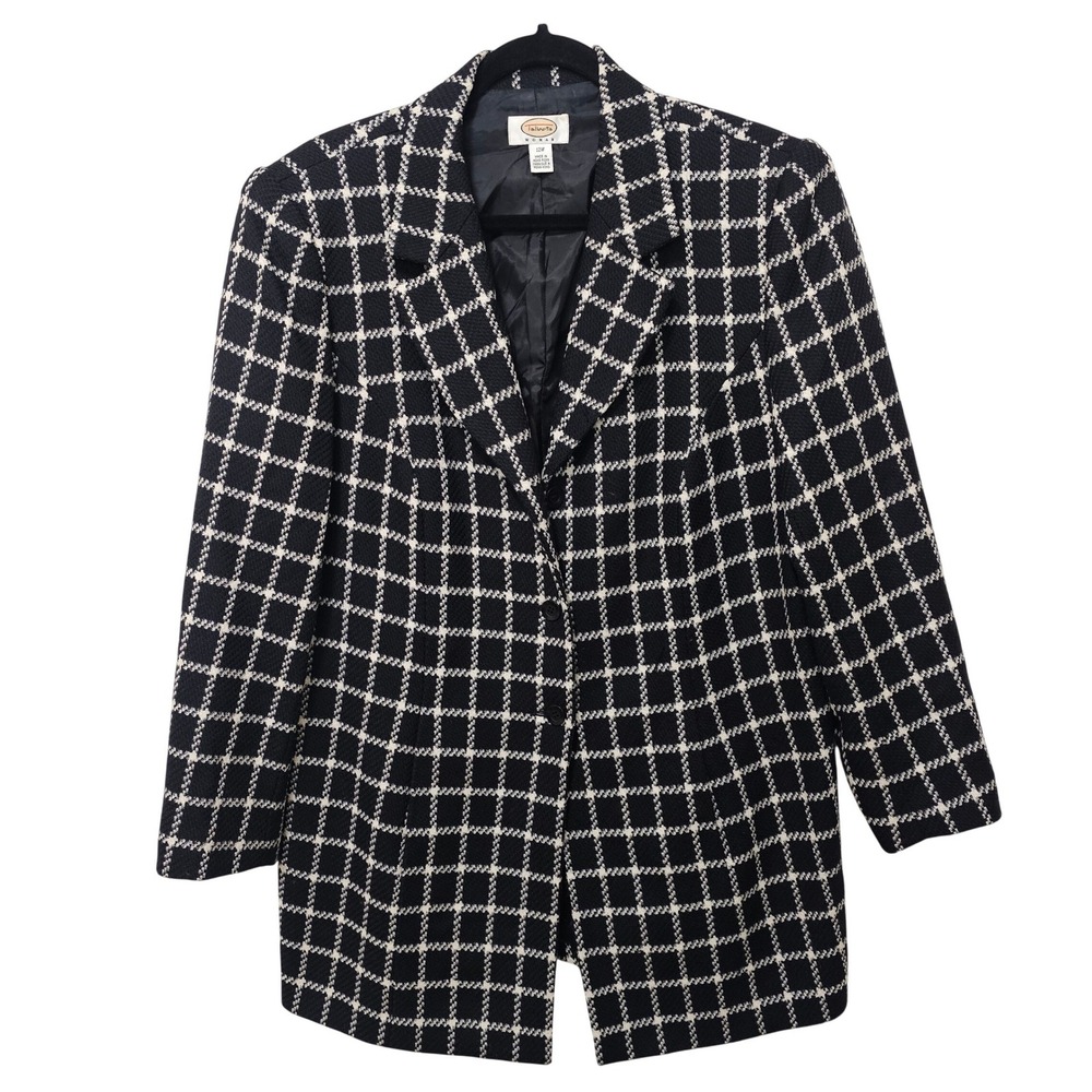 VTG Talbots Wool Blend Blazer Jacket Black‎ White Window Pane Plaid Size 12W